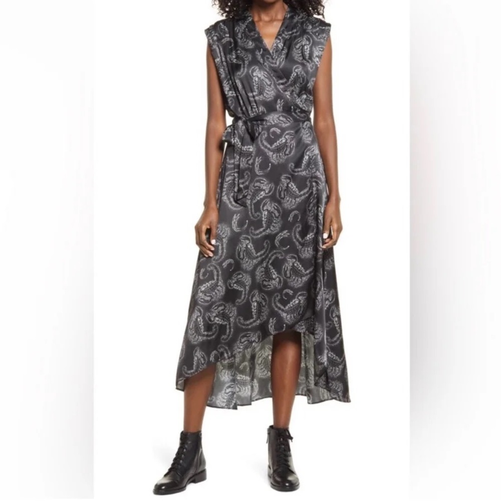 NEW AllSaints Mira Celeste High Low Gray and White Silk Blend Dress Size 6